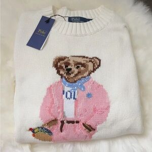 Polo by Ralph Lauren White Sweater with Pink and Blue Bear Design